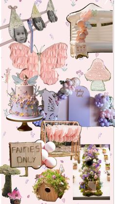 a collage of pink and purple items including cake, baby's crib