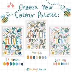 three colorful posters with the words choose your color palette and an image of a bee