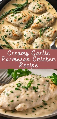 creamy garlic parmesan chicken recipe in a skillet with gravy on top