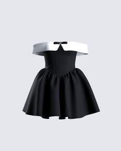 Bring some extra class into your life with this black off-shoulder mini dress 🖤 Crafted from cotton gabardine fabric, it features a structured A-line skirt adorned with a velvet and rhinestone bow for a striking look that will leave everyone bowing down to you 😌 White Corset Dress, Black Off Shoulder Top, Off Shoulder Mini Dress, Red Mini Skirt, Black Off Shoulder, Mesh Maxi Dress, Sequin Mini Skirts, Looks Black, Dress Crafts