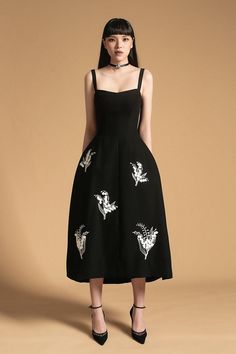 Women's Francesca Fit and Flare Embroidered Polyester Spandex Midi Dress S/M/L/XL Black/Beige MEAN BLVD Elegant Floral Embroidery Midi Dress With Fitted Bodice, Elegant Midi Dress With Floral Embroidery And Fitted Bodice, Embroidered Dresses With Fitted Bodice, Elegant Floral Embroidered Midi Dress With Fitted Bodice, Black Square Neck Dress For Wedding, Chic A-line Midi Dress With Floral Embroidery, Summer Embroidered Dresses With Square Neck, Embroidered A-line Evening Dress, Evening Midi Dress With Floral Embroidered Fitted Bodice