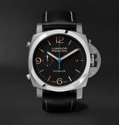 This 'Luminor 1950' is the first reference in Panerai's collection to implement the P.9100 calibre, developed entirely in-house at its facility in Neuchâtel, Switzerland. Enclosed in a sizable stainless steel case, the black dial is domed with a scratch-resistant corundum sapphire crystal, a material second only to diamonds in hardness. The flyback chronograph demonstrates the brand's sophisticated horological know-how as well as how seriously it takes traditional watchmaking. Alternate between Panerai Replica, Panerai Luminor 1950, Panerai Watches, Panerai Luminor, Used Watches, Brushed Stainless Steel, Black Rubber, Watch Brands, Chronograph Watch