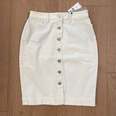 Brand New With Tags - White Denim Pencil Skirt By Banana Republic In 0 Petite High Rise Cotton Denim Skirt With Button Closure, White Bottoms With Snap Buttons For Spring, Spring White Bottoms With Snap Buttons, Fitted Cotton Denim Skirt With Snap Buttons, Fitted Denim Skirt With Snap Buttons, White Snap Button Bottoms For Spring, Fitted Denim Skirt With Snap Buttons For Spring, High Waist Cotton Denim Skirt With Snap Buttons, Spring Cotton Skirt With Snap Buttons