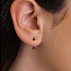 Simple And Dainty. Handcrafted In Thick 14k Gold Plated On Top Of Sterling Silver, Set With A Black Luster Diamond Simulants. Pair (2 Earrings) - Refers To 2 Ear Jackets (2 Studs + 2 Jackets) 5 Height Settings To Perfectly Hug Your Earlobes Made With Thick 14k Gold Plated On Sterling Silver Set With A 2.5mm Diamond Simulant Total Length: 12 Mm Height Setting: 8 Mm (Top Setting), 6 Mm (Middle Setting), 4 Mm (Bottom Setting) Post Length: 12 Mm Post Width: 1 Mm Nickel Free & Lightweight, Perfect Fo Earring Jacket, Black Diamond Studs, Bracelets Chain, Popular Earrings, Diamond Shape Earrings, Zara Gold, Hoop Earrings Style, Crystal Fashion, 2 Earrings