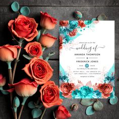 a wedding card with red roses and blue leaves