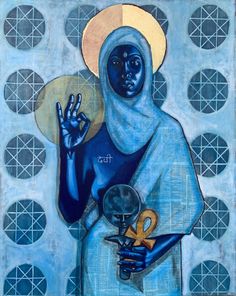 a painting of a person with a blue outfit holding a gold object in his hand