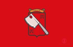 a red and black logo with a large knife in it's center on a red background