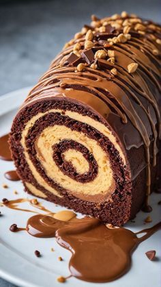 a chocolate roll covered in peanut butter and drizzled with chocolate on a white plate