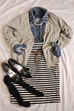 Chambray and Striped Jersey Skirt Sofisticated Style, Black Panta, 5 Outfits, Chambray Skirt, Best Winter Outfits, Shirt Hair, Jersey Skirt, Medium Backpack, Striped Skirt