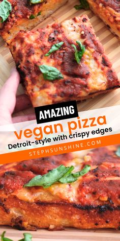 Top: a hand taking a piece of vegan pizza; bottom: the side of a vegan Detroit-style pizza with charred edges; text says, "amazing vegan pizza Detroit-style with crispy edges." Vegan Pizza Recipe, Vegan Mozzarella, Dinner Inspiration, Vegan Pizza, Spicy Sauce, Vegan Dinner, Vegan Life, Vegan Dinners, Pizza Recipes