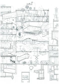 an architectural drawing of a building with lots of windows and floor plans on the side