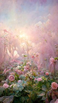 a painting of pink flowers and butterflies in the sky with sun shining through clouds above them