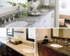 three pictures of bathroom with granite counter tops and white cabinets, one has flowers on the sink