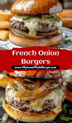 French Onion Burgers: Juicy burgers topped with caramelized onions, Gruyere cheese, and horseradish aioli for a gourmet twist! #FrenchOnionBurgers #GourmetBurgers #BurgerRecipes #CaramelizedOnions #Grilling #Cheeseburgers #BurgerLovers #SummerGrilling #ComfortFood #DeliciousBites French Onion Burgers, Onion Burgers, Ground Chuck, French Onion, Onion Soup, Melted Cheese, Caramelized Onions, Onions, Twist