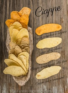 some chips are sitting on top of a wooden table with the words ciape written in spanish