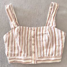 New Without Tags Off White And Brown - Neutral Colored Striped Bralette Crop Top With Functional Buttons. Stretchy Smocking On Back Size Small Cream Cropped Top For Day Out, Summer Cream Cotton Crop Top, Cream Summer Crop Top For Vacation, Summer Cream Crop Top For Vacation, Cream Cotton Crop Top, Summer Beige Cotton Crop Top, Beige Cotton Summer Crop Top, Beach Cream Cotton Crop Top, Chic Cream Cotton Crop Top