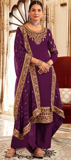 Purple and Violet color Salwar Kameez in Art Silk fabric with Embroidered, Sequence, Thread, Zari work Celana Fashion, Indian Salwar Suit, Readymade Salwar Kameez, Suit Salwar, Palazzo Suit, Purple Party, Embroidered Pants, Designer Salwar Suits, Vibrant Purple