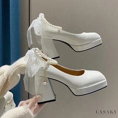 Lasaky - Classic Mary Jane Shoes: White High Heels with Vintage Chunky Heels, Thick Soles, and Height-Boosting Design Thick Heel Shoes, Summer High Heels, Mary Jane High Heels, Pearl Sandals, Wedding Shoes Lace, White Wedding Shoes, Elegant High Heels, Elegant Heels, White Shoes Women