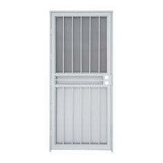 a white door with bars on the bottom and side panels, against a white background