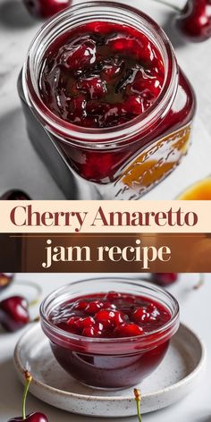 Close-up view of a glass jar filled with homemade cherry amaretto jam, showcasing the vibrant red color and chunky cherry pieces suspended in the thick, glossy jam. The deep red hue and natural shine of the jam highlight its rich texture, making it look both luxurious and appetizing. Peach Amaretto Jam Recipe, Cherry Almond Jam, Cherry Amaretto Jam, French Jam Recipes, Jams And Jelly Recipes, Tart Cherry Recipes, Tart Cherry Jam, Fruit Spread Recipe, Jam Flavors