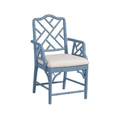 a blue chair with a white cushion on the back and armrests is shown