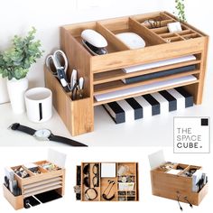 the space cube is made out of wood and has compartments for utensils, knives, and other items