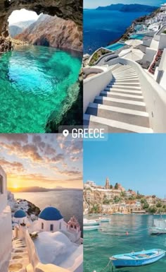 four different pictures with boats and buildings in the water at sunset, on which there is a staircase leading up to an arch