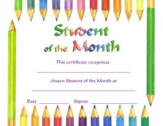 a certificate for student of the month with colored pencils