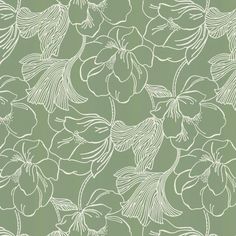 a green floral wallpaper with white flowers on it's sides and leaves in the middle