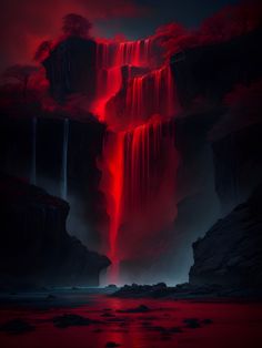 a waterfall with red water flowing down it's sides