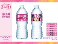 two water bottles with minnie mouse labels on them