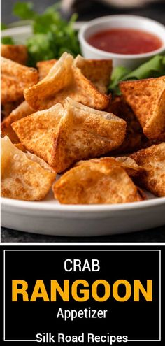 crab rangoon appetizer served on a plate with dipping sauce