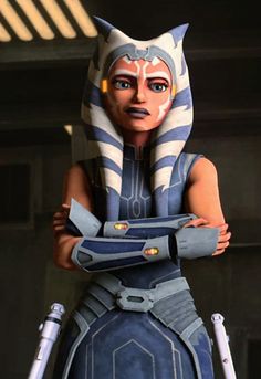 an animated character is standing with her arms crossed and wearing a helmet on top of her head