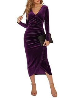 Elegant Long Sleeve Ruched Velvet Bodycon Midi Dress Emerald Green Dresses, 파티 드레스, Purple Midi Dress, Red Velvet Dress, Dress Cocktail, Elegant Dresses Long, Red Midi Dress, Purple Velvet, Party Dress Long