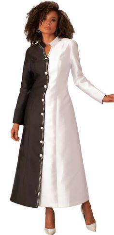 Tally Taylor Collection Style: 4804 Contrasting Robe with Rhinestone Buttons ﻿Color: Black/White Length: 52 1/2" Shop our different departments today for dresses, suits, hats, robes and more! Sign Up for our Exclusive Rewards Program Just go to the bottom of this page and you will see the "Sign up" spot, just click it and follow the instructions, it's very quick and really easy. Special Bonus get 10% off at checkout, use coupon code SAVE10 Comfortable Dresses, Women Church, Church Suits, Matte Fabric, Woman's Fashion, Church Dresses, African American Women, Black And White Design, Silk Twill