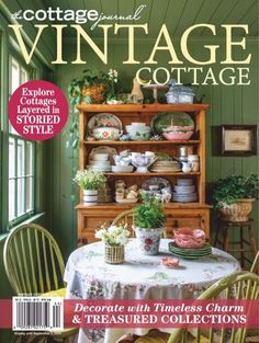 the cover of cottage & vintage cottage magazine, featuring a table and chairs with dishes on it