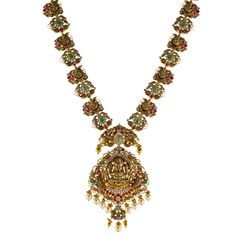 Featuring an elegant blend of ruby, emerald, pearls, and cubic zirconia stones, this 22k antique gold Temple necklace set from Virani Jewelers pays homage to classic Indian temple jewelry. The intricate craftsmanship highlights the stunning gemstones, while the antique 22k gold finish gives the set an heirloom-like quality. This piece of Indian gold jewelry seamlessly blends tradition and sophistication, making it a perfect choice for those who value the artistry of heritage designs in modern jewelry collections.Features• 22k yellow gold• Antique finish• Engraved details• Cubic zirconia• Pearls• Ruby Specifications:• Minimum Width - 2.3 millimeters• Maximum Width - 58.5 millimeters• Length - 30 inches• Weight - 90.9 grams Gold Temple Necklace, Temple Necklace, Temple Jewelry, Indian Temple, Ruby Emerald, Gold Jewelry Indian, Temple Jewellery, Antique Finish, 22k Gold