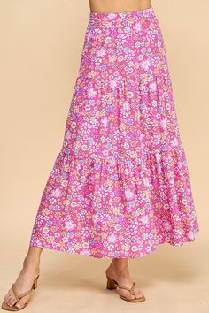 Les AmisTiered layered print above ankle maxi skirt with flowers design. Unlined, soft flowy fabric. Elastic waist. Made in USA. Color: PinkSizes: S-M-L Waist 26-28-30 unstretched, Length 37.5-38100% Rayon, machine wash cold, tumble low, made in USA CR/S1116N1 Layered Maxi Skirt, Skirt With Flowers, Palazzo Pants Plus Size, Fall Denim, Flowy Fabric, Printed Maxi Skirts, Women Skirts, Flowers Print, Black Long Sleeve Dress