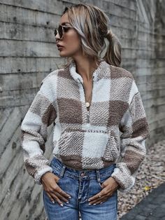 Women Sweatshirt Kangaroo Pocket Buffalo Plaid Teddy - Etsy Buffalo Plaid Pattern, Stil Elegant, Half Zip Pullover, Womens Plaid, Buffalo Plaid, Casual Sweatshirt, Long Sleeve Sweatshirts, All Fashion, Drop Shoulder