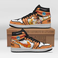 Portgas D Ace Anime Shoes Custom One Piece Jd Sneakers Lightweight construction with breathable mesh fabric provides a comfortable and flawless fit. One Piece Sneakers, One Piece Custom Shoes, Jordans Custom, Ace Anime, Jordans 13, Nike One Piece, Portgas D Ace, Anime Clothing, Anime Shoes