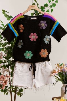 Multi Color Shoulder Lined Oversize Short Sleeve Sweater with Daisy Embroidery Actual product color may vary from the images shown. Casual Multicolor Embroidered Sweater For Spring, Oversized Embroidered Sweater For Spring, Spring Multicolor Cotton Sweater, Casual Multicolor Embroidered Sweater, Spring Cotton Embroidered Sweater, Black Embroidered Sweater For Spring, Spring Embroidered Cotton Sweater, Spring Cotton Sweater With Floral Applique, Casual Daisy Print T-shirt With Crew Neck