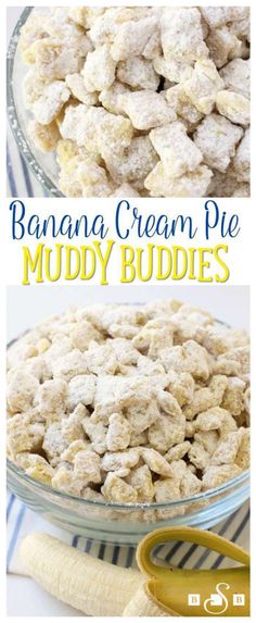 banana cream pie muddy buddies in a glass bowl with the words bananas on top and bottom