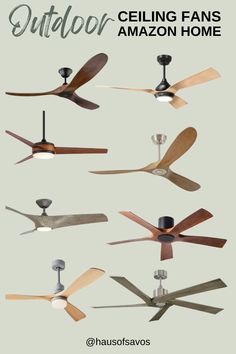 several ceiling fans are shown with the words outdoor ceiling fans amazon home above them and below it