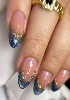 #nails #nailart Blue Nails With Tips, Hailey Bieber Nails With Design, Trendy Nails Cat Eye, French Blue Nails Design, Magnetic Nails French Tip, Navy Blue And Brown Nails, Oppenheimer Nails, Colored French Tip With Chrome, Short Structured Manicure