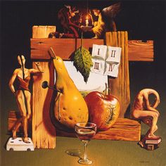 a painting of an apple, pears and other items on a table with candles