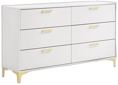 a white dresser with gold handles and drawers