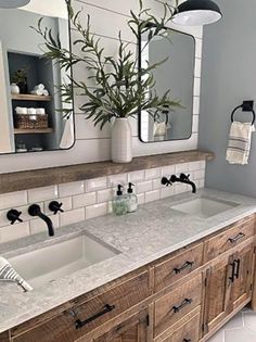 a bathroom with two sinks, mirrors and plants in vases on the counter top