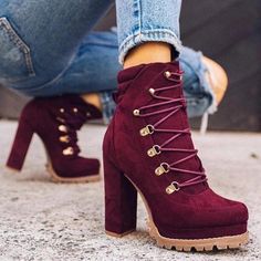 Shoes For College, College Shoes, Hak Tinggi, Heel Sneakers, Short Suede Boots, Lace Up Block Heel, Chunky Heel Ankle Boots, Lace Up High Heels, Chunky Shoes