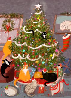 a christmas tree with many cats around it