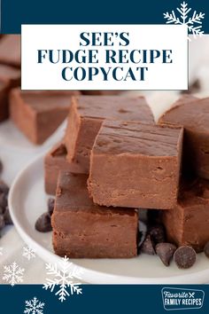 chocolate fudge recipe copycat on a white plate with snowflakes in the background